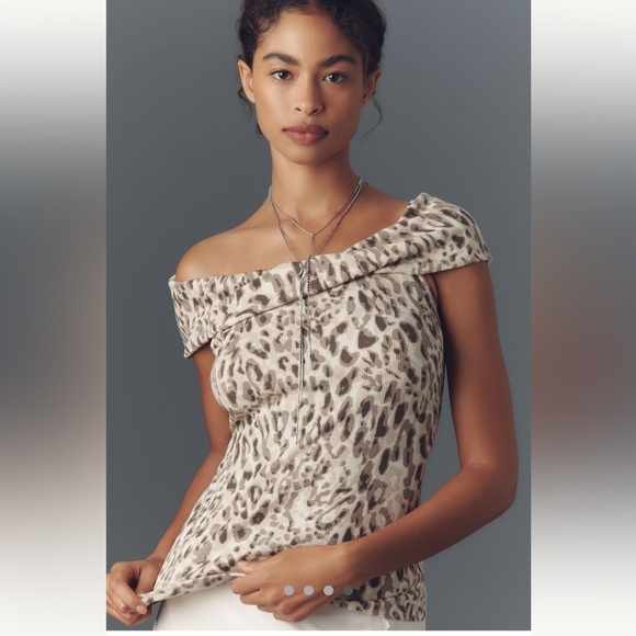 Pilcro Off The Shoulder Twist Rib Top Size Medium Brown Leopard Pattern Stretch - Picture 1 of 11